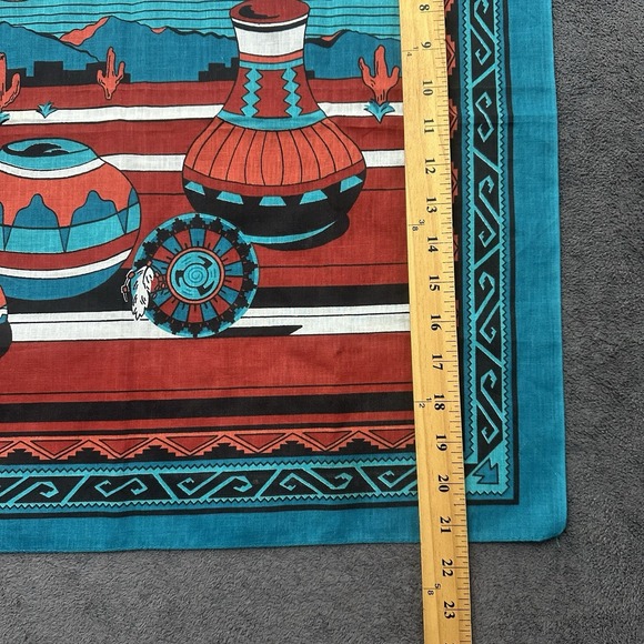 VTG Native Southwestern Native Pottery Bandana Handkerchief Teal Tribal Desert - Picture 6 of 7